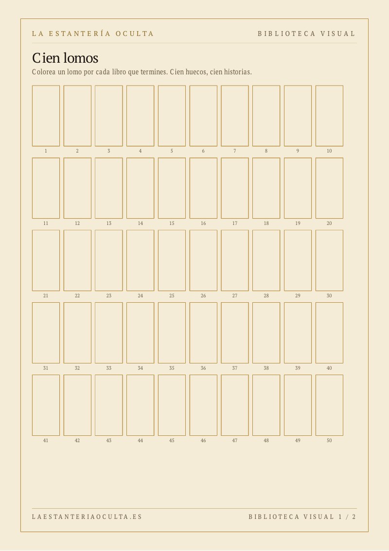 Biblioteca visual: cien lomos en blanco para colorear por cada libro terminado